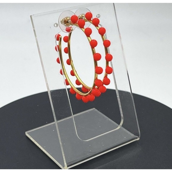 J. Crew Neon Orange Beaded Gold Tone Hoop Earrings - Picture 2 of 13